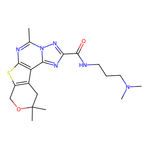 N-(3-(dimethylamino)propyl)-5,10,10-trimethyl-10,11-dihydro-8H-pyrano[4',3':4,5]thieno[3,2-e][1,2,4]triazolo[1,5-c]pyrimidine-2-carboxamide structure