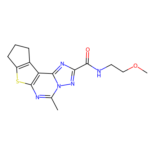N-(2-methoxyethyl)-5-methyl-9,10-dihydro-8H-cyclopenta[4,5]thieno[3,2-e][1,2,4]triazolo[1,5-c]pyrimidine-2-carboxamide structure