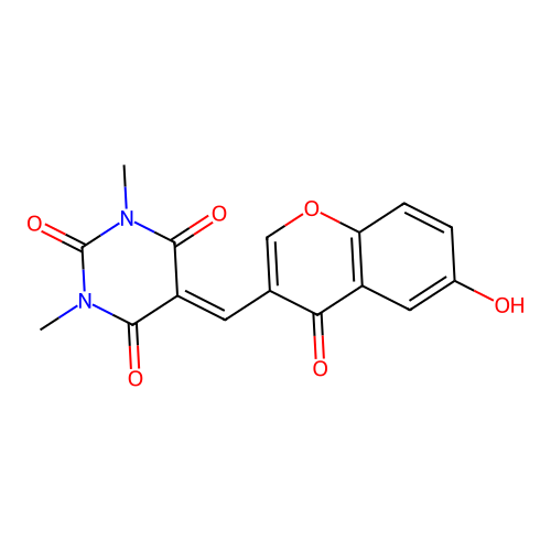 5-[(6-hydroxy-4-oxochromen-3-yl)methylidene]-1,3-dimethyl-1,3-diazinane-2,4,6-trione structure