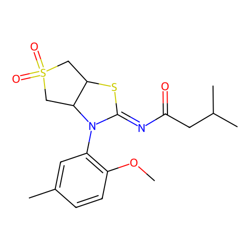 (Z)-N-(3-(2-methoxy-5-methylphenyl)-5,5-dioxidotetrahydrothieno[3,4-d]thiazol-2(3H)-ylidene)-3-methylbutanamide structure