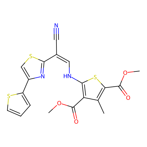 (Z)-dimethyl 5-((2-cyano-2-(4-(thiophen-2-yl)thiazol-2-yl)vinyl)amino)-3-methylthiophene-2,4-dicarboxylate structure