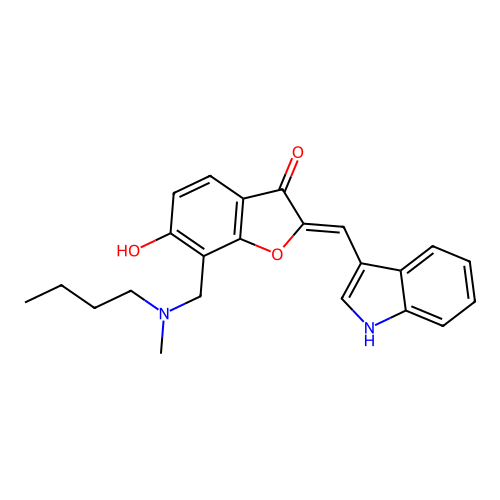 (2Z)-7-{[butyl(methyl)amino]methyl}-6-hydroxy-2-(1H-indol-3-ylmethylidene)-1-benzofuran-3(2H)-one structure