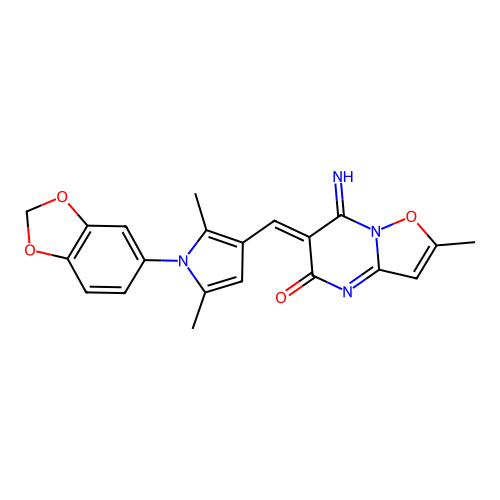 (6Z)-6-[[1-(1,3-benzodioxol-5-yl)-2,5-dimethylpyrrol-3-yl]methylidene]-7-imino-2-methyl-[1,2]oxazolo[2,3-a]pyrimidin-5-one structure