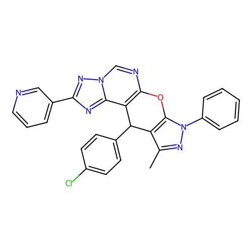 11-(4-chlorophenyl)-10-methyl-8-phenyl-2-(pyridin-3-yl)-8,11-dihydropyrazolo[4',3':5,6]pyrano[3,2-e][1,2,4]triazolo[1,5-c]pyrimidine structure
