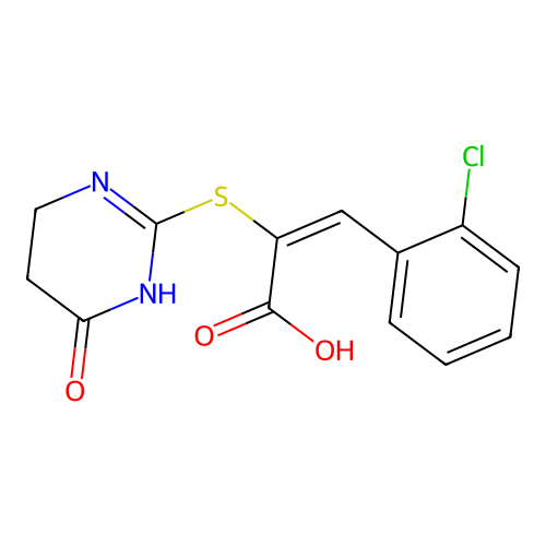 (E)-3-(2-chlorophenyl)-2-((4-oxo-1,4,5,6-tetrahydropyrimidin-2-yl)thio)acrylic acid structure