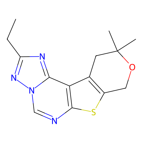 2-ethyl-10,10-dimethyl-10,11-dihydro-8H-pyrano[4',3':4,5]thieno[3,2-e][1,2,4]triazolo[1,5-c]pyrimidine structure