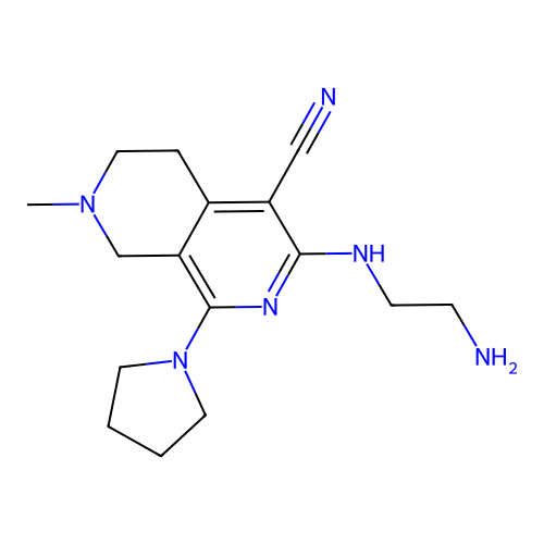 3-(2-aminoethylamino)-7-methyl-1-pyrrolidin-1-yl-6,8-dihydro-5H-2,7-naphthyridine-4-carbonitrile structure