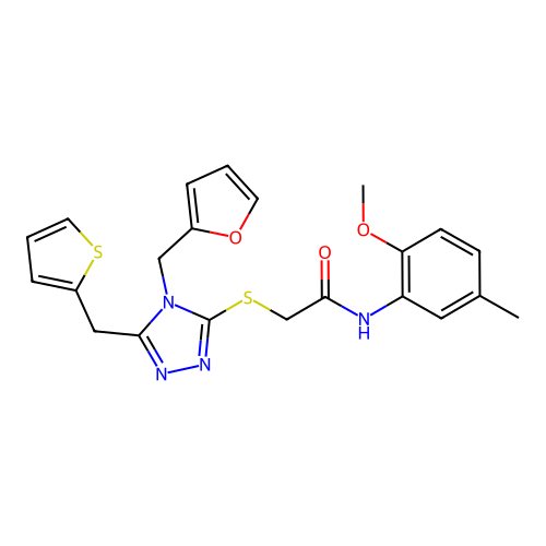 2-((4-(furan-2-ylmethyl)-5-(thiophen-2-ylmethyl)-4H-1,2,4-triazol-3-yl)thio)-N-(2-methoxy-5-methylphenyl)acetamide structure