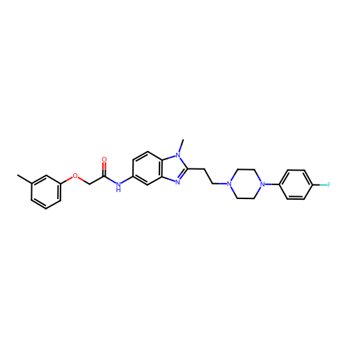 N-(2-(2-(4-(4-fluorophenyl)piperazin-1-yl)ethyl)-1-methyl-1H-benzo[d]imidazol-5-yl)-2-(m-tolyloxy)acetamide structure