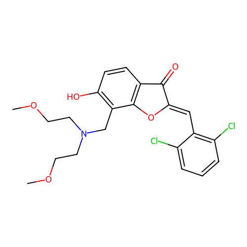 (Z)-7-((bis(2-methoxyethyl)amino)methyl)-2-(2,6-dichlorobenzylidene)-6-hydroxybenzofuran-3(2H)-one structure