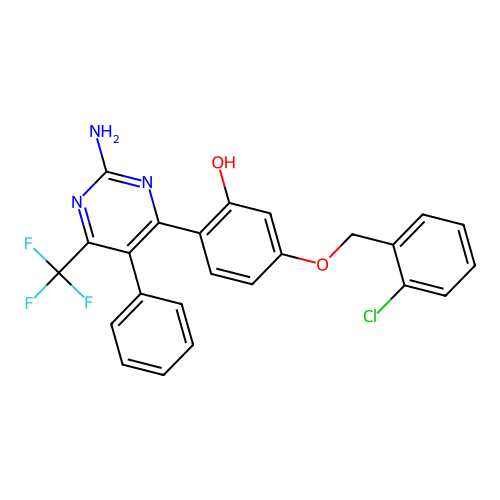 2-(2-amino-5-phenyl-6-(trifluoromethyl)pyrimidin-4-yl)-5-((2-chlorobenzyl)oxy)phenol structure