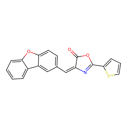 (E)-4-(dibenzo[b,d]furan-2-ylmethylene)-2-(thiophen-2-yl)oxazol-5(4H)-one structure