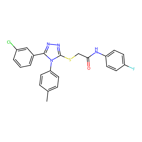 2-[[5-(3-chlorophenyl)-4-(4-methylphenyl)-1,2,4-triazol-3-yl]sulfanyl]-N-(4-fluorophenyl)acetamide structure