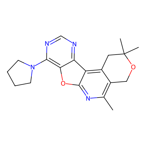 2,2,5-trimethyl-8-(pyrrolidin-1-yl)-1,4-dihydro-2H-pyrano[4'',3'':4',5']pyrido[3',2':4,5]furo[3,2-d]pyrimidine structure