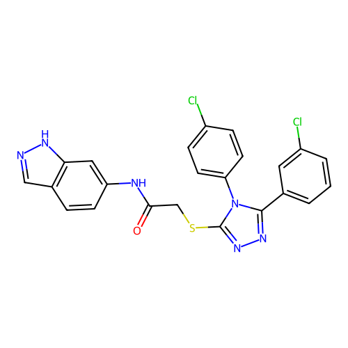 2-((5-(3-chlorophenyl)-4-(4-chlorophenyl)-4H-1,2,4-triazol-3-yl)thio)-N-(1H-indazol-6-yl)acetamide structure