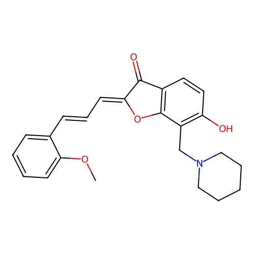 (Z)-6-hydroxy-2-((E)-3-(2-methoxyphenyl)allylidene)-7-(piperidin-1-ylmethyl)benzofuran-3(2H)-one structure