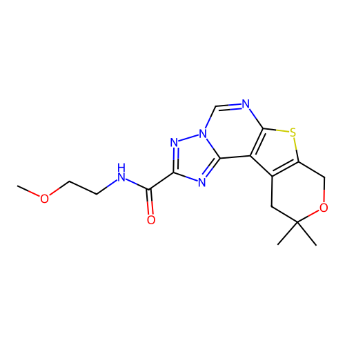 N-(2-methoxyethyl)-10,10-dimethyl-10,11-dihydro-8H-pyrano[4',3':4,5]thieno[3,2-e][1,2,4]triazolo[1,5-c]pyrimidine-2-carboxamide structure