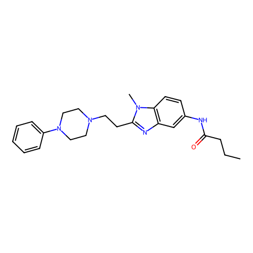 N-{1-methyl-2-[2-(4-phenylpiperazin-1-yl)ethyl]-1H-benzimidazol-5-yl}butanamide structure