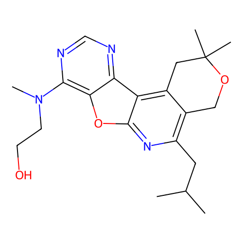 2-((5-isobutyl-2,2-dimethyl-2,4-dihydro-1H-pyrano[4'',3'':4',5']pyrido[3',2':4,5]furo[3,2-d]pyrimidin-8-yl)(methyl)amino)ethanol structure