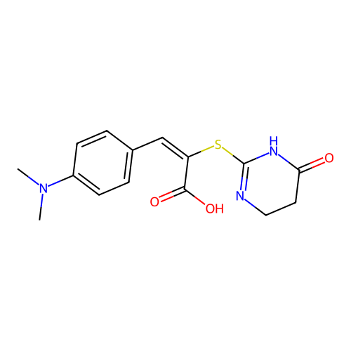 (2E)-3-[4-(dimethylamino)phenyl]-2-[(4-oxo-1,4,5,6-tetrahydropyrimidin-2-yl)sulfanyl]prop-2-enoic acid structure