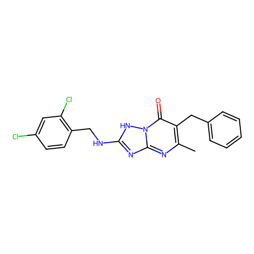 6-benzyl-2-((2,4-dichlorobenzyl)amino)-5-methyl-[1,2,4]triazolo[1,5-a]pyrimidin-7(4H)-one structure