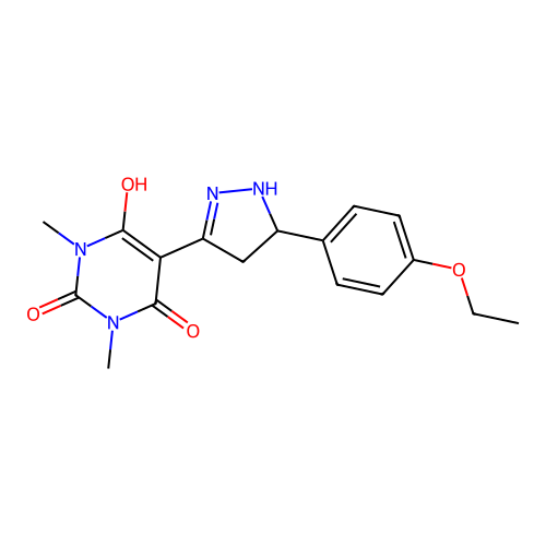 5-[5-(4-ethoxyphenyl)pyrazolidin-3-ylidene]-1,3-dimethylpyrimidine-2,4,6(1H,3H,5H)-trione structure