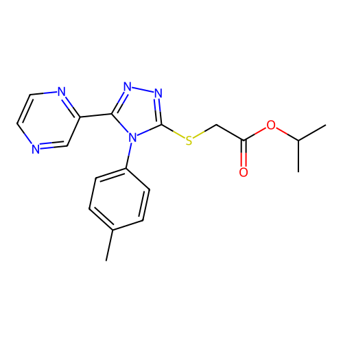 isopropyl 2-((5-(pyrazin-2-yl)-4-(p-tolyl)-4H-1,2,4-triazol-3-yl)thio)acetate structure