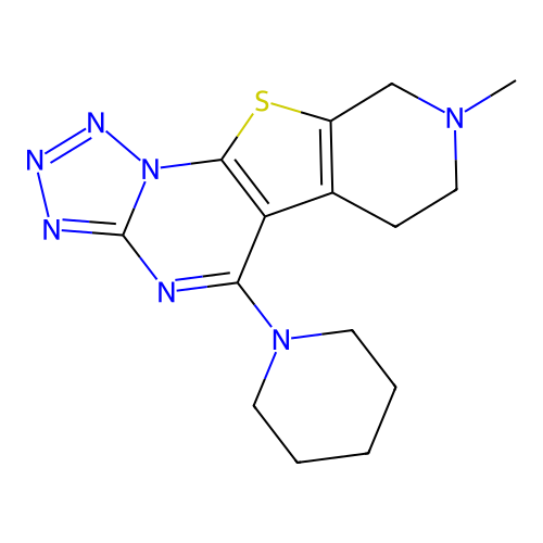 8-methyl-5-(piperidin-1-yl)-6,7,8,9-tetrahydropyrido[4',3':4,5]thieno[3,2-e]tetrazolo[1,5-a]pyrimidine structure