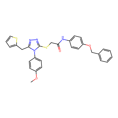 2-[[4-(4-methoxyphenyl)-5-(thiophen-2-ylmethyl)-1,2,4-triazol-3-yl]sulfanyl]-N-(4-phenylmethoxyphenyl)acetamide structure