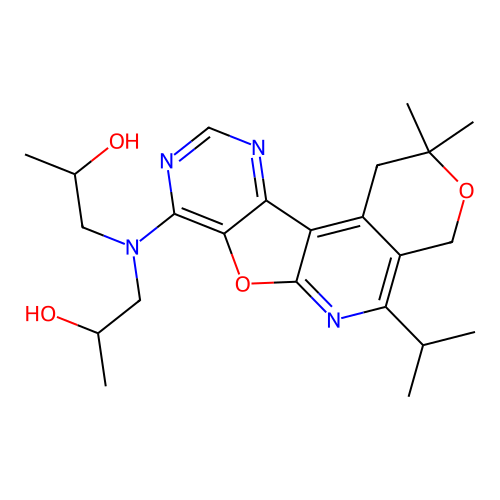 1,1'-((5-isopropyl-2,2-dimethyl-2,4-dihydro-1H-pyrano[4'',3'':4',5']pyrido[3',2':4,5]furo[3,2-d]pyrimidin-8-yl)azanediyl)bis(propan-2-ol) structure