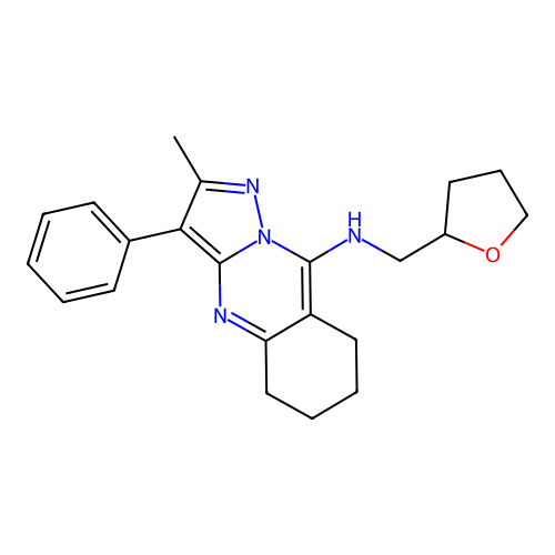 2-methyl-3-phenyl-N-((tetrahydrofuran-2-yl)methyl)-5,6,7,8-tetrahydropyrazolo[5,1-b]quinazolin-9-amine structure