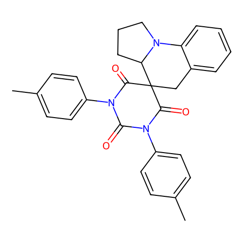 1,3-bis(4-methylphenyl)-1',2',3',3a'-tetrahydro-2H,5'H-spiro[pyrimidine-5,4'-pyrrolo[1,2-a]quinoline]-2,4,6(1H,3H)-trione structure