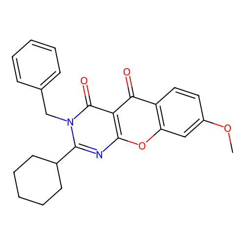 3-benzyl-2-cyclohexyl-8-methoxy-4H-chromeno[2,3-d]pyrimidine-4,5(3H)-dione structure