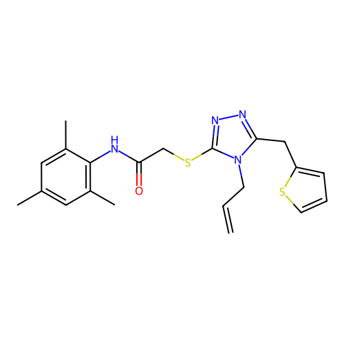 2-((4-allyl-5-(thiophen-2-ylmethyl)-4H-1,2,4-triazol-3-yl)thio)-N-mesitylacetamide structure