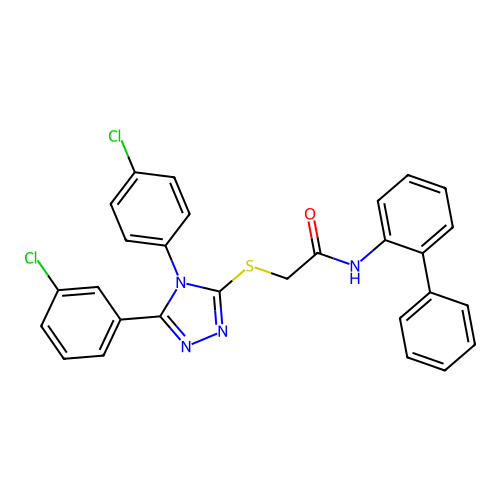 2-[[5-(3-chlorophenyl)-4-(4-chlorophenyl)-1,2,4-triazol-3-yl]sulfanyl]-N-(2-phenylphenyl)acetamide structure