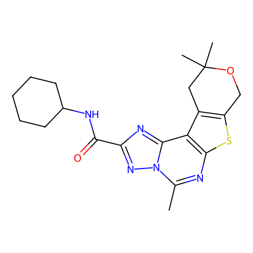 N-cyclohexyl-5,10,10-trimethyl-10,11-dihydro-8H-pyrano[4',3':4,5]thieno[3,2-e][1,2,4]triazolo[1,5-c]pyrimidine-2-carboxamide structure