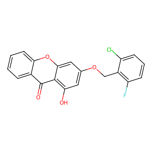 3-[(2-chloro-6-fluorobenzyl)oxy]-1-hydroxy-9H-xanthen-9-one structure