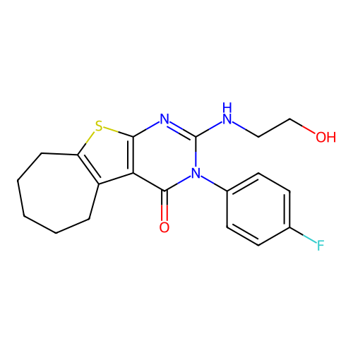 3-(4-fluorophenyl)-2-((2-hydroxyethyl)amino)-6,7,8,9-tetrahydro-3H-cyclohepta[4,5]thieno[2,3-d]pyrimidin-4(5H)-one structure