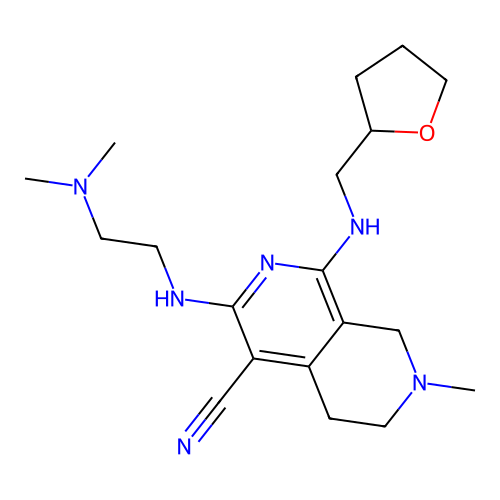 3-((2-(dimethylamino)ethyl)amino)-7-methyl-1-(((tetrahydrofuran-2-yl)methyl)amino)-5,6,7,8-tetrahydro-2,7-naphthyridine-4-carbonitrile structure
