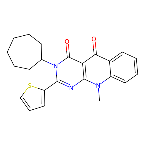 3-cycloheptyl-10-methyl-2-(thiophen-2-yl)pyrimido[4,5-b]quinoline-4,5(3H,10H)-dione structure