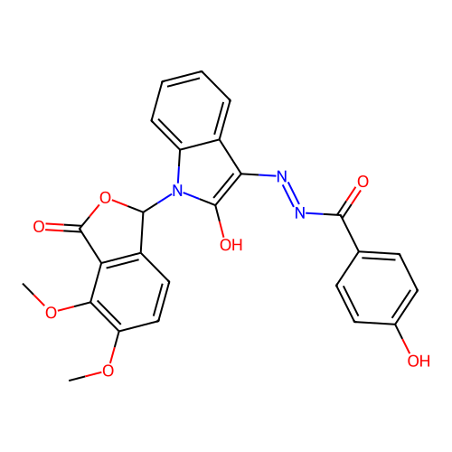 (E)-N'-(1-(4,5-dimethoxy-3-oxo-1,3-dihydroisobenzofuran-1-yl)-2-oxoindolin-3-ylidene)-4-hydroxybenzohydrazide structure