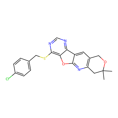 4-[(4-chlorobenzyl)sulfanyl]-8,8-dimethyl-7,10-dihydro-8H-pyrano[3'',4'':5',6']pyrido[3',2':4,5]furo[3,2-d]pyrimidine structure