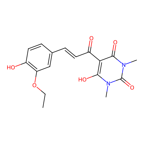 (E)-5-(3-(3-ethoxy-4-hydroxyphenyl)acryloyl)-6-hydroxy-1,3-dimethylpyrimidine-2,4(1H,3H)-dione structure