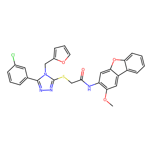 2-((5-(3-chlorophenyl)-4-(furan-2-ylmethyl)-4H-1,2,4-triazol-3-yl)thio)-N-(2-methoxydibenzo[b,d]furan-3-yl)acetamide structure