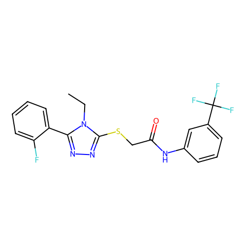 2-[[4-ethyl-5-(2-fluorophenyl)-1,2,4-triazol-3-yl]sulfanyl]-N-[3-(trifluoromethyl)phenyl]acetamide structure