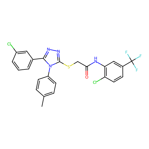 2-[[5-(3-chlorophenyl)-4-(4-methylphenyl)-1,2,4-triazol-3-yl]sulfanyl]-N-[2-chloro-5-(trifluoromethyl)phenyl]acetamide structure