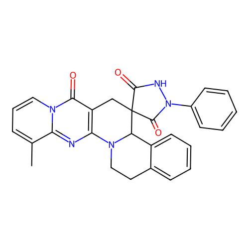 12'-methyl-1-phenyl-15',16'-dihydro-3H,4b'H,5H,6'H,7'H-spiro[pyrazolidine-4,5'-pyrido[1'',2'':1',2']pyrimido[5',4':5,6]pyrido[2,1-a]isoquinoline]-3,5,7'-trione structure