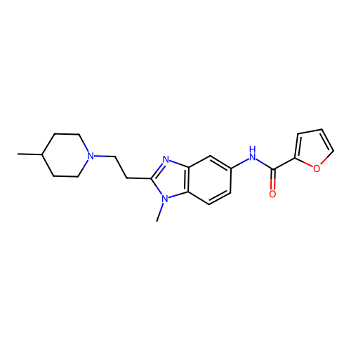 N-[1-methyl-2-[2-(4-methyl-1-piperidyl)ethyl]benzoimidazol-5-yl]furan-2-carboxamide structure