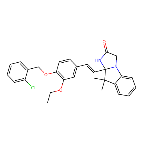 (E)-9a-(4-((2-chlorobenzyl)oxy)-3-ethoxystyryl)-9,9-dimethyl-9,9a-dihydro-1H-imidazo[1,2-a]indol-2(3H)-one structure
