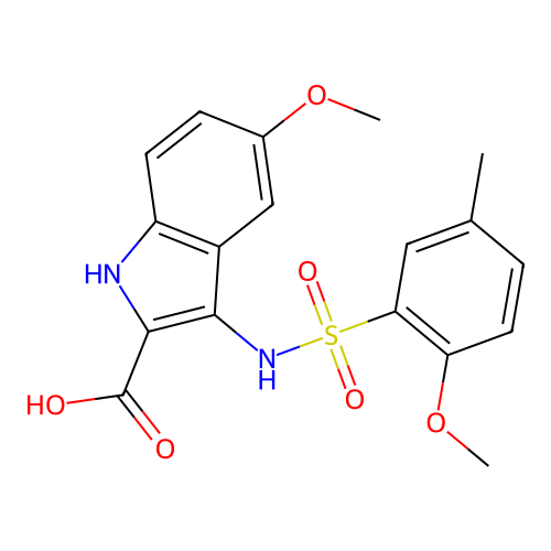 5-methoxy-3-(2-methoxy-5-methylphenylsulfonamido)-1H-indole-2-carboxylic acid structure